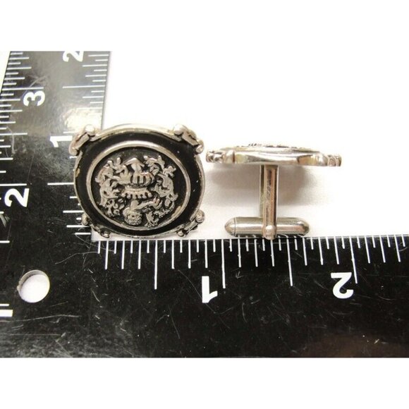 LION Crown Cufflinks Silver Tone Black Enamel Royal Wedding Vtg Signed Swank - Picture 7 of 8